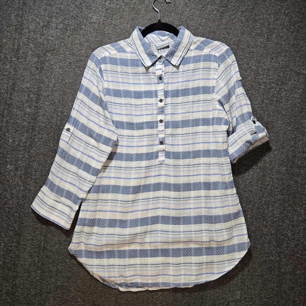 Columbia Shirt Womens Medium Blue Striped Summer Ease Cotton Tunic Lightweight